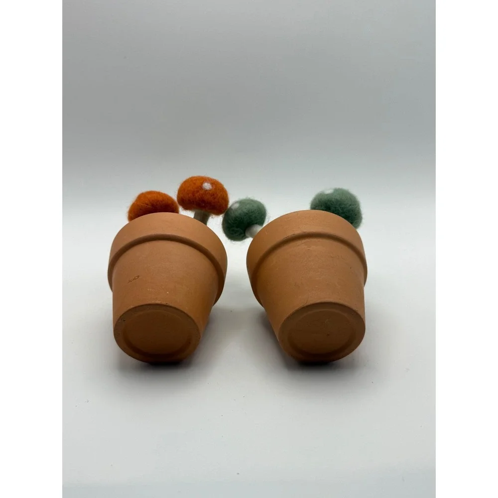 Wool and Ceramic Potted Mushroom Decor Set Orange Green Felted Toadstools 2pc